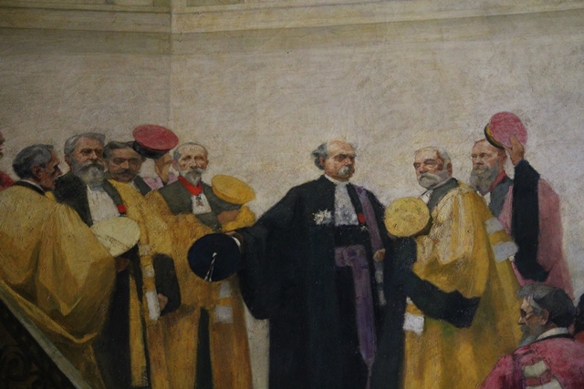 Le Vice-Recteur Louis Liard accueille, en 1903, le directeur de l’École normale supérieure Ernest Lavisse – Détail de L’accueil de l’École normale supérieure, tableau d’André Dewambez sis dans la Salle des Actes en Sorbonne.