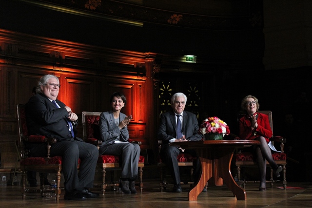 De gauche à droite, Alain Fuchs, Najat Vallaud Belkacem, Gérard Berry et Geneviève Fioraso.