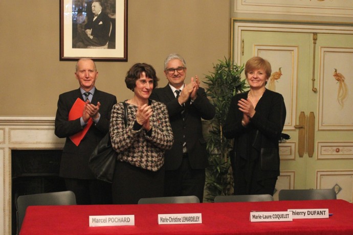 Marcel Pochard, Président de la Cité internationale, Marie-Christine Lemardeley, Adjointe à la Maire de Paris chargée de l'enseignement supérieur, de la recherche et de la vie étudiante, Thierry Dufant, Administrateur général des Finances publiques, responsable du pôle gestion publique Etat à la direction régionale des finances publiques d'Ile-de-France et du département de Paris, Marie-Laure Coquelet, Vice-chancelier des universités de Paris.