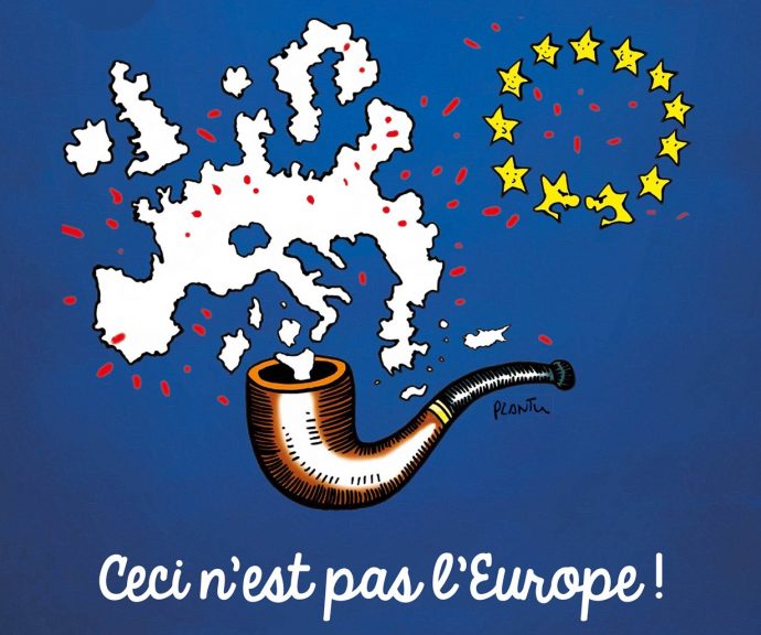 Ceci n’est pas l’Europe, oeuvre de Plantu pour l'exposition itinérante Décoder les étoiles. © Plantu et Cartooning for Peace