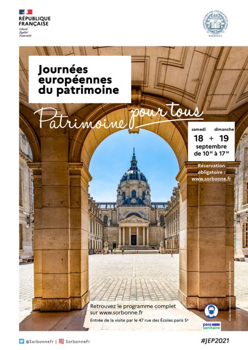 Affiche des Journées européennes du patrimoine 2021 en Sorbonne, qui se déroulent les 18 et 19 septembre 2021, autour du thème Patrimoine pour tous.