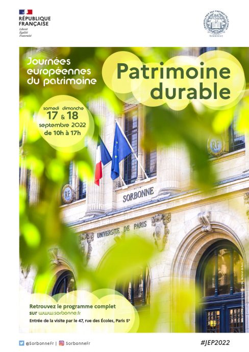 Affiche des JEP en Sorbonne 2022, les 17 et 18 septembre 2022, sur le thème du patrimoine durable.