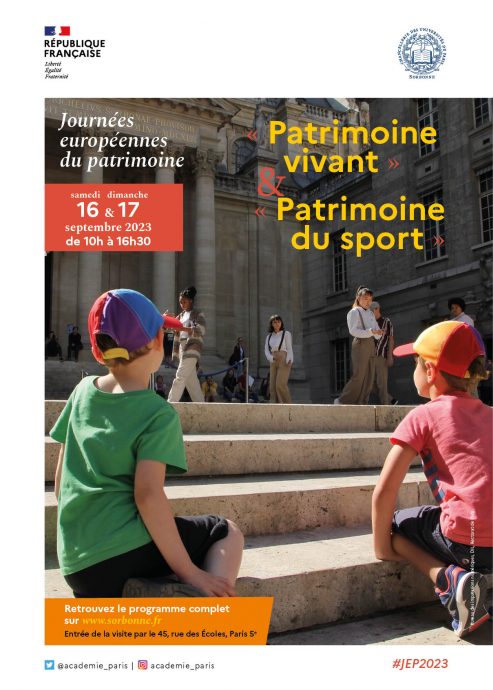 Affiche des Journées européennes du patrimoine 2023 en Sorbonne, les samedi 16 et dimanche 17 septembre, sur les thèmes, « Patrimoine vivant » et « Patrimoine du sport ».