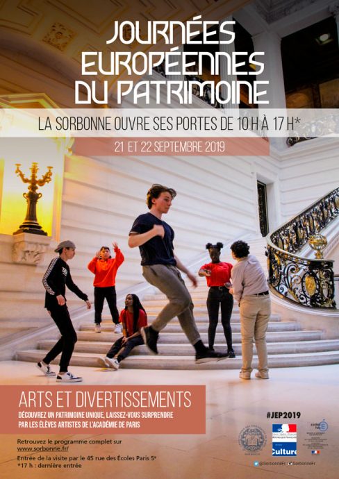 Affiche des Journées européennes du patrimoine 2019 en Sorbonne. Le thème de cette 36e édition est : arts et divertissement.