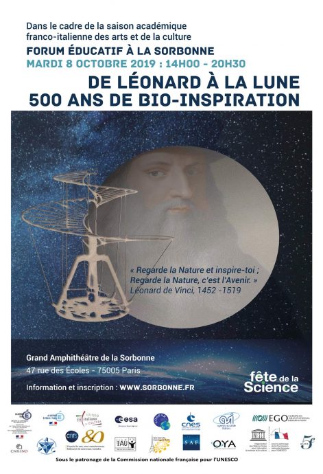 Affiche du forum pédagogique « De Léonard à la Lune 500 ans de Bio-Inspiration », qui se déroule le Mardi 8 octobre 2019 dans le Grand Amphithéâtre en Sorbonne avec 27 personnalités et scientifiques d’envergure internationale.