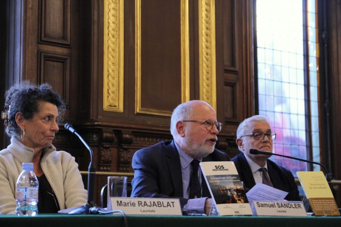 Marie Rajablat et Samuel Sandler, co-lauréats du Prix Seligmann 2018, lors de la remise du prix en Sorbonne le 19 mars 2019.