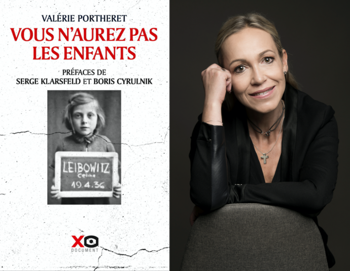Couverture du prix Seligmann 2020, « Vous n’aurez pas les enfants », préfacé par Serge Klarsfeld et Boris Cyrulnik et paru en février 2020 aux Éditions XO et portrait photographique de son auteure, l’historienne Valérie Portheret.