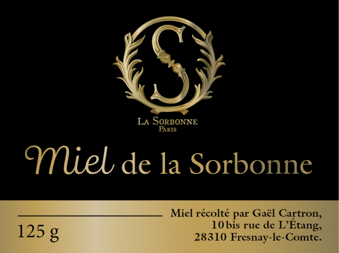 L’étiquette du premier miel de la Sorbonne.